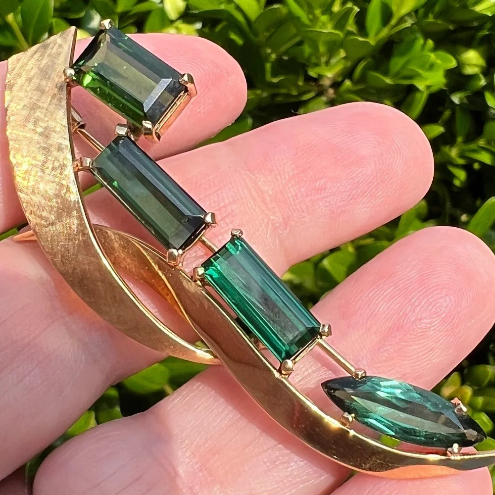 VINTAGE 18K GOLD CUSTOM LARGE GREEN TOURMALINE PIN BROOCH STATEMENT FLORENTINE